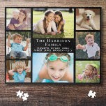 Famille 8 Photo Collage noir<br><div class="desc">Un puzzle noir amusant pour les soirées de jeux de famille avec un collage photo de 8 de vos enfants, d'autres membres de la famille, des animaux de compagnie, etc, votre nom de famille en lettrage blanc élégant et les prénoms de chacun dans la typographie blanche moderne.</div>