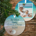 Famille Noël Beach Shells Ornement photo<br><div class="desc">Ambiance de vacances de plage familiale pour le sapin de Noël. Eau tropicale bleue de l'océan et sable de plage avec coquillages est le design de ce ornement rond. Customisez avec du texte d'un côté et une photo de l'autre. Starfish et un dollar de sable décorent l'avant.</div>