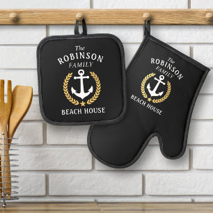 Family Beach House Anchor Gold Laurel Star Black Ovenwant & Pannenlap Set
