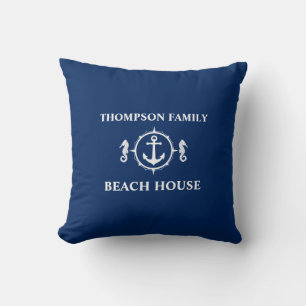 Family Beach House Seahorse Anchor Navy Blue White Kussen