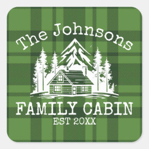 Family Cabin Groen geruite Thema Naam Gepersonalis Vierkante Sticker