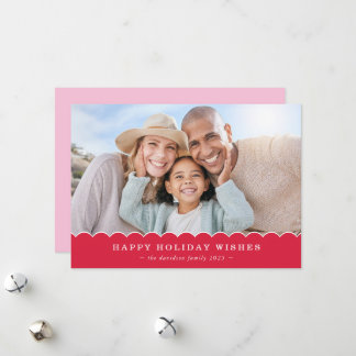 FAMILY CHRISTMAS PHOTO cute fun scallop red pink Feestdagenkaart