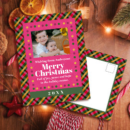Family Christmas Plaid Photo Red Holiday Postcard Feestdagenkaart