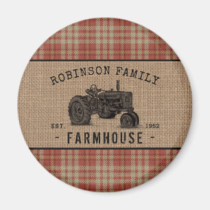 Family Farmhouse Tractor Red Play Burlap Round Magneet