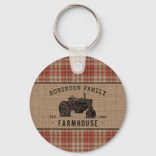 Family Farmhouse Tractor Red Play Burlap Round Sleutelhanger