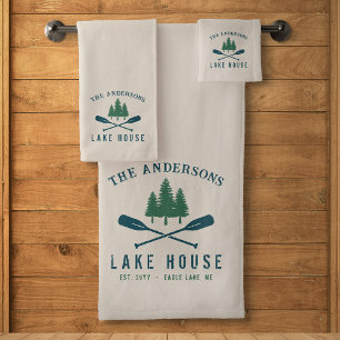 Family Lake House Modern Rustic Boat Oar Pine Tree Bad Handdoek