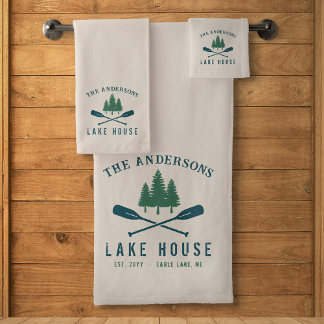 Family Lake House Modern Rustic Boat Oar Pine Tree Bad Handdoek