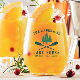 Family Lake House Modern Rustic Boat Oar Pine Tree Wijnglas Zonder Voet