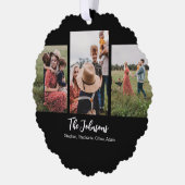 Family Modern Script Black 3 Photo Ornament Kaart (Links)