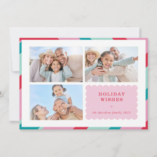 FAMILY MULTI PHOTO modern cute border pink red Feestdagenkaart