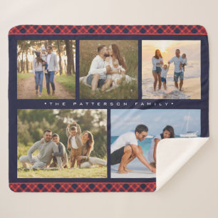 Family Name 5 Photo Collage Red Plaid Modern
