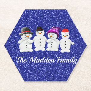 Family of Four Snowmen Blue Sparkle Winter Kartonnen Onderzetters