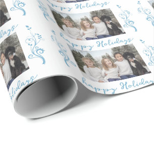 Family Photo Blue Foliage met Kerstfeest Happy Hol Cadeaupapier