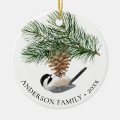 Family Photo Chickadee Pine Cone Christmas Keramisch Ornament (Voorkant)