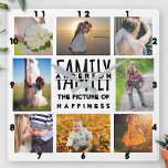 Family Photo Collage Ajouter un nom Modèle | 8 ima<br><div class="desc">Cette horloge carré de collage photo de famille moderne et élégante est entièrement personnalisable. Ajoutez un total de 8 photos en utilisant les modèles fournis. L'espace design est aménagé pour inclure 4 photos de style Instagram carré dans les coins, ainsi que 2 photos horizontales / paysage et 2 photos verticales...</div>