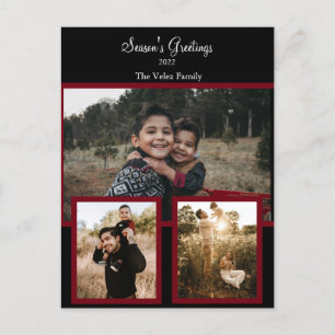 Family Photo Collage Black Burgundy White Script Feestdagenkaart