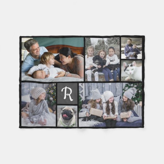 Family Photo Collage Monogrammed 7 Afbeeldingen Bl Fleece Deken (Voorkant (Horizontaal))