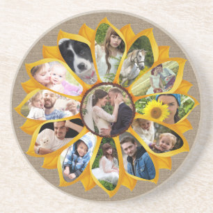 Family Photo Collage Sunflower Burlap 13 Pics Easy Zandsteen Onderzetter