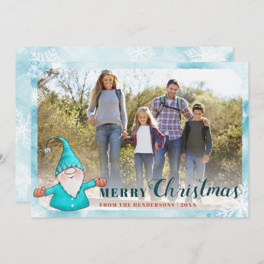 Family Photo Cute Gnome Blauwgroen Blue Kerstmis Feestdagenkaart (Voorkant / Achterkant)