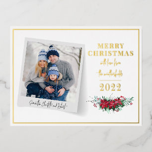 Family Photo Kerstmis Floral Script Folie Feestdagen Briefkaart