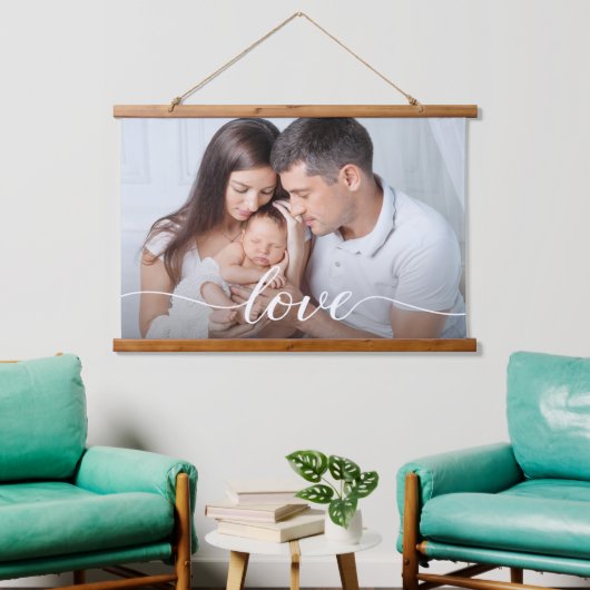 Family Photo Love script Overlay Aangepast Hangend Wandkleed (Woonkamer)