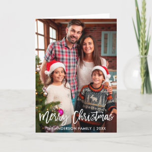 Family Photo Merry Christmas Brush Script Fold Feestdagen Kaart