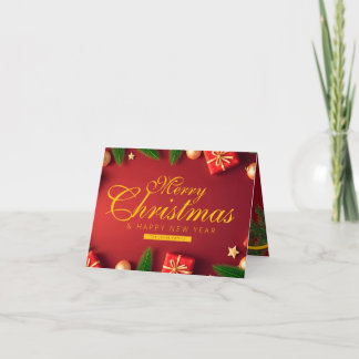 Family Red and Gold Christmas with Tree Ribbon Bedankkaart