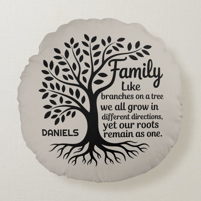 Family Tree Black & Tan Personalized Rond Kussen (Voorkant)