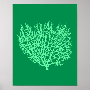 Fan Coral Print, Bleek groen op Deep Jade Green Poster