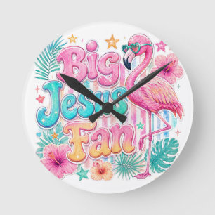 Fan de Jésus avec horloge ronde flamant rose 