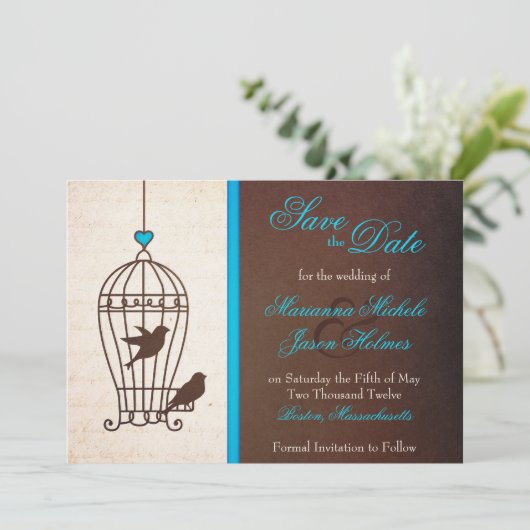 Fanciful Bird Cage Blauwgroen & Chocolate Save the Save The Date (Staand voorkant)