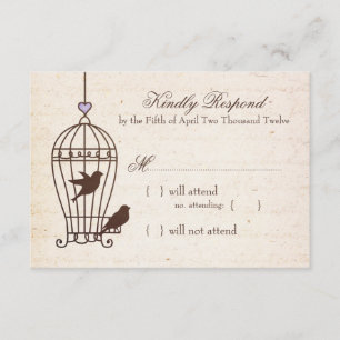 Fanciful Bird Cage Lavender & Brown Wedding RSVP Kaartje