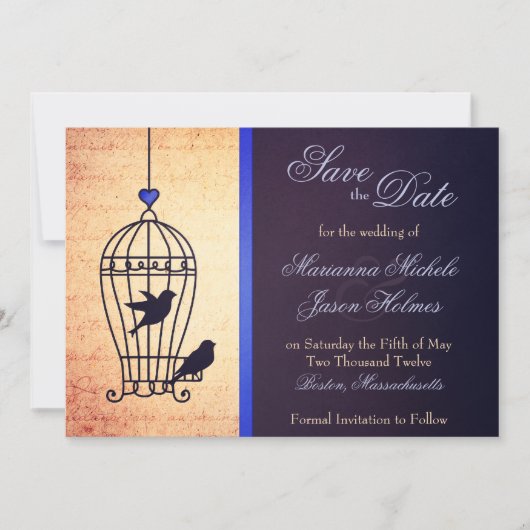 Fanciful Bird Cage met Blue Ribbon Save the Date (Voorkant)