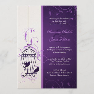 Fanciful Bird Cage with Swirls Eggplant Wedding Kaart