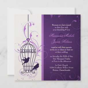 Fanciful Bird Cage with Swirls Eggplant Wedding Kaart