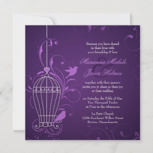Fanciful Bird Cage with Swirls Eggplant Wedding Kaart