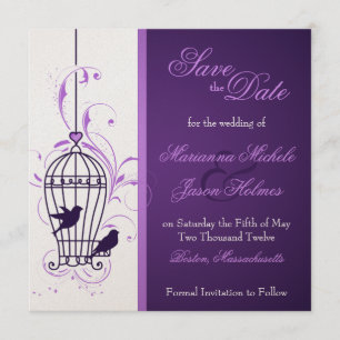 Fanciful Birdcage & Swirls Eggplant Save the Date