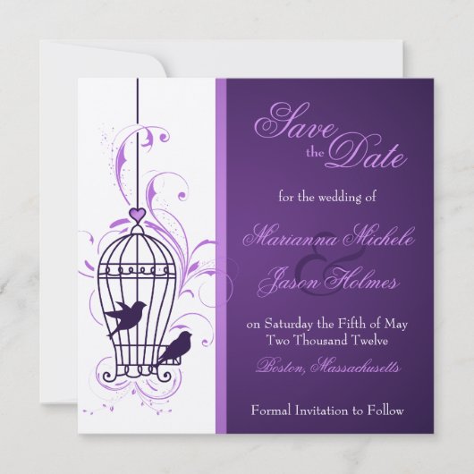 Fanciful Birdcage & Swirls Eggplant Save the Date (Voorkant)