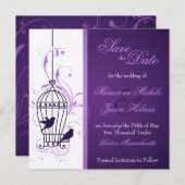Fanciful Birdcage & Swirls Eggplant Save the Date (Voorkant / Achterkant)