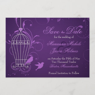 Fanciful Birdcage & Swirls Eggplant Save the Date