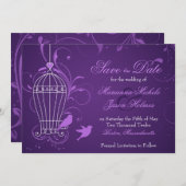 Fanciful Birdcage & Swirls Eggplant Save the Date (Voorkant / Achterkant)