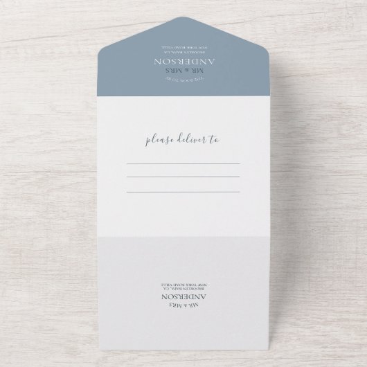 Fanciful Dusty Blue Ampersand Calligraphy Wedding All In One Uitnodiging (Buitenkant)