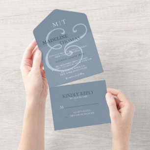 Fanciful Dusty Blue Ampersand Calligraphy Wedding All In One Uitnodiging