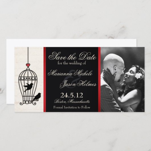 Fancile Birdcage Foto bewaart Datum rood lint Save The Date (Voorkant / Achterkant)