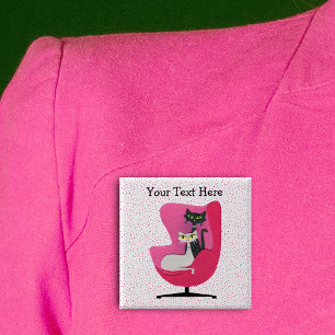 Fancy 1950s Style Zwarte witte katten in roze stoe Vierkante Button 5,1 Cm