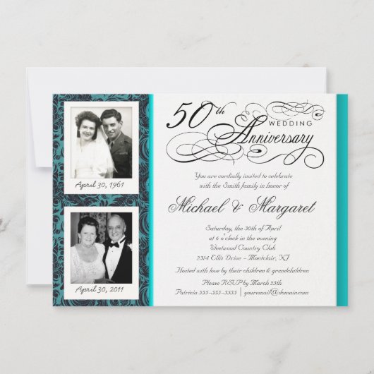 Fancy 50e Jubileum Uitnodigingen - Blauwe Damask (Voorkant)