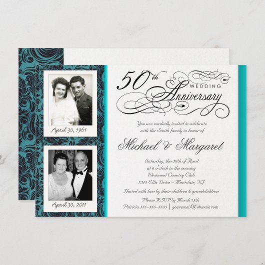Fancy 50th Anniversary Invitations - Blue Damask (Devant / Derrière)