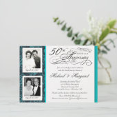 Fancy 50th Anniversary Invitations - Blue Damask (Debout devant)
