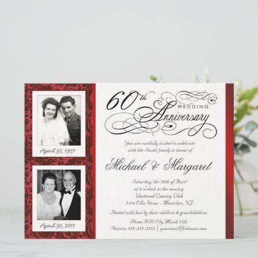 Fancy 60e Jubileum-uitnodigingen - Nu en dan Kaart (Staand voorkant)