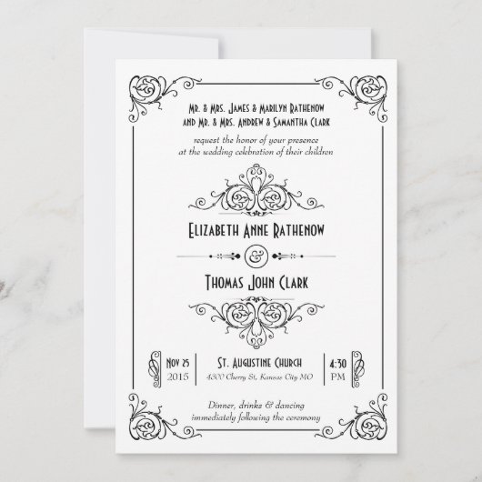 Fancy Art Déco Black & White Wedding Invitations (Devant)